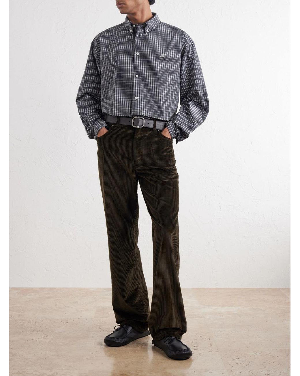 Loewe Gray Logo-Embroidered Checked Shirt for men