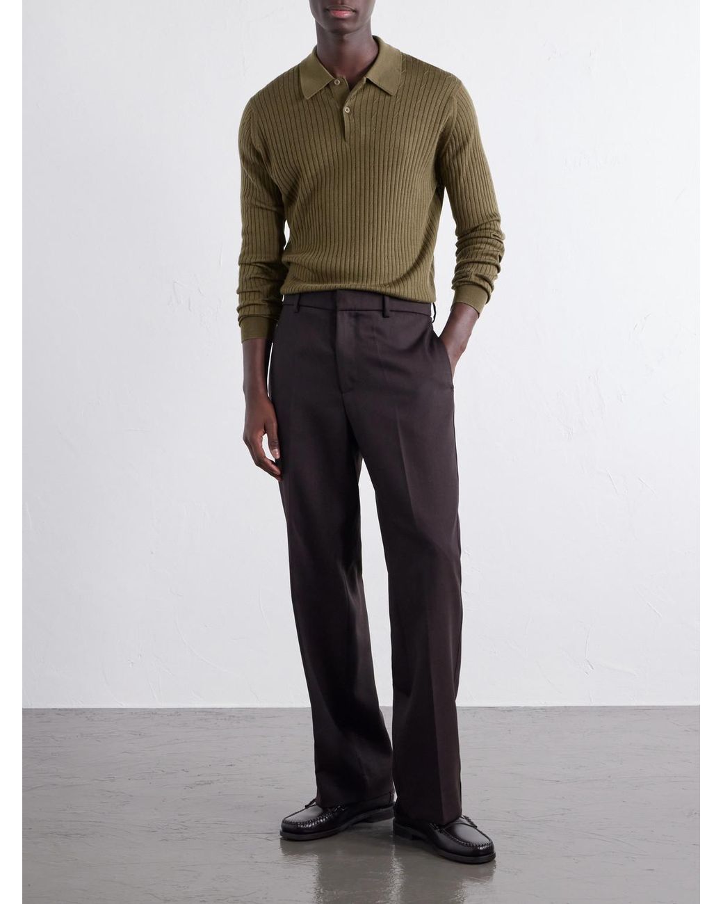 John Smedley Green Hodson Ribbed Merino Wool Polo Shirt for men