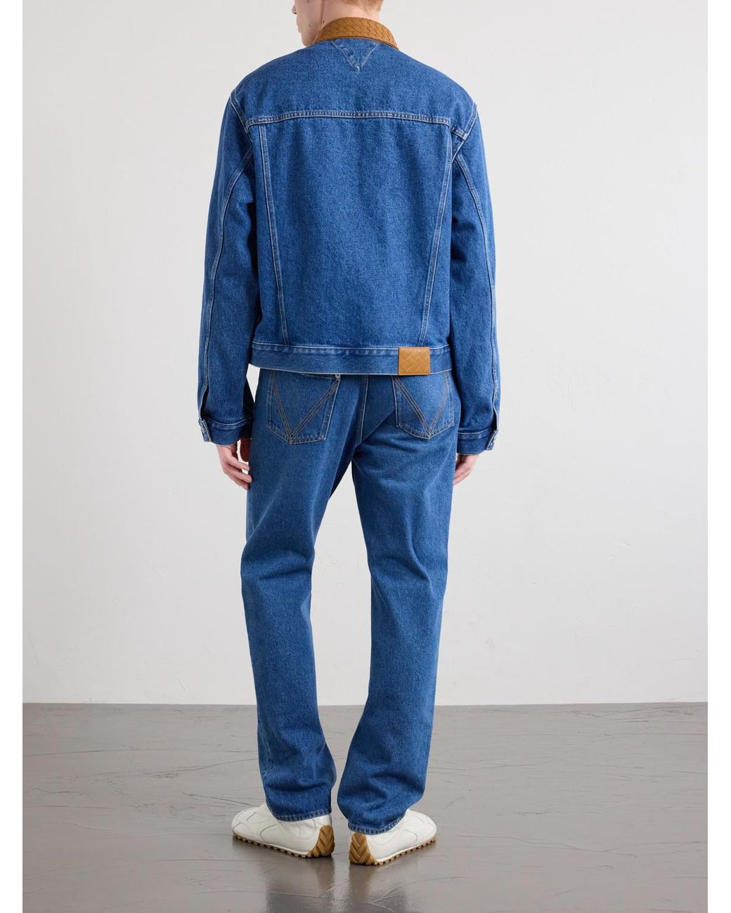 Bottega Veneta Blue Intrecciato Leather-Trimmed Panelled Denim Jacket for men