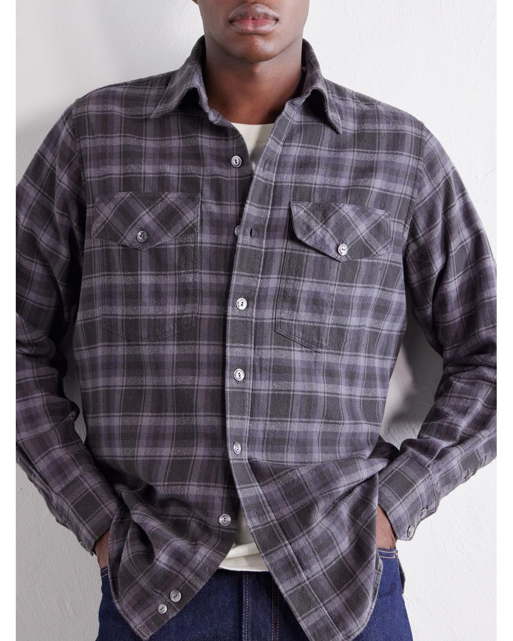Drake's Purple Checked Cotton And Silk-Blend Twill Shirt for men