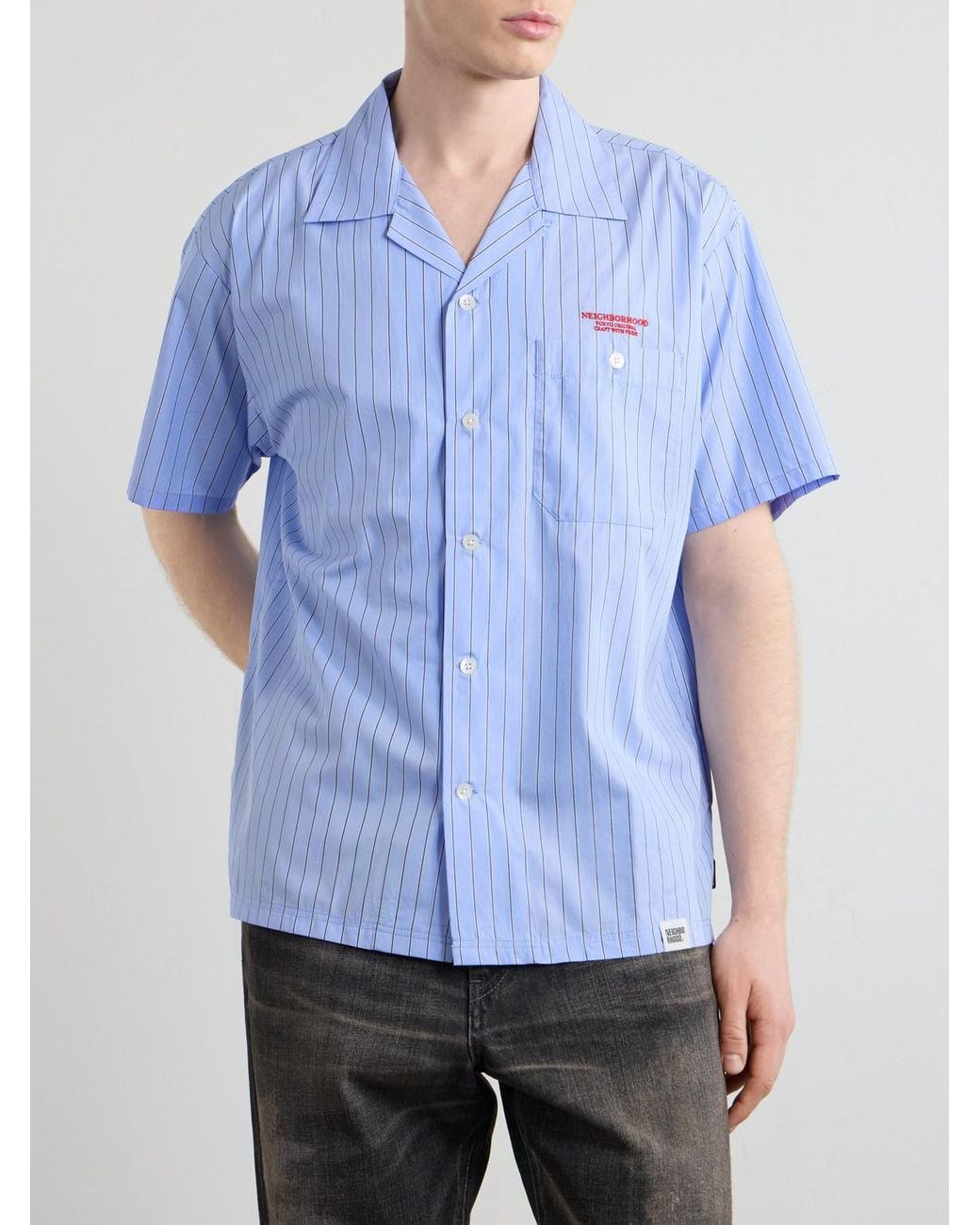 Neighborhood Blue Camp-Collar Logo-Embroidered Striped Cotton Shirt for men