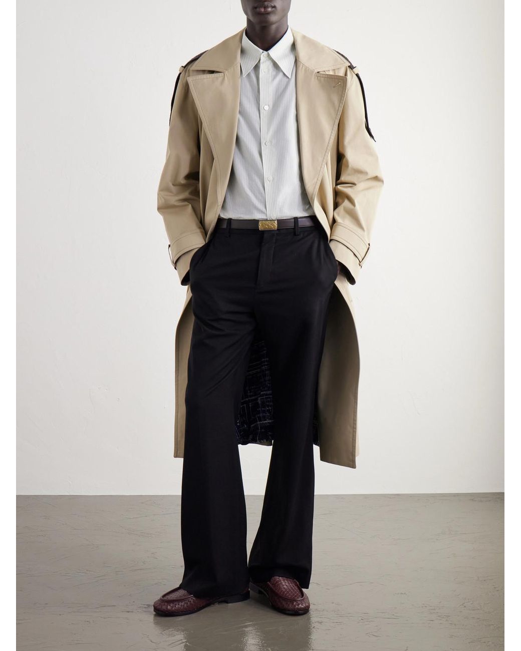 Bottega Veneta White Classic-collar Logo-embroidered Striped Cotton-poplin Shirt for men
