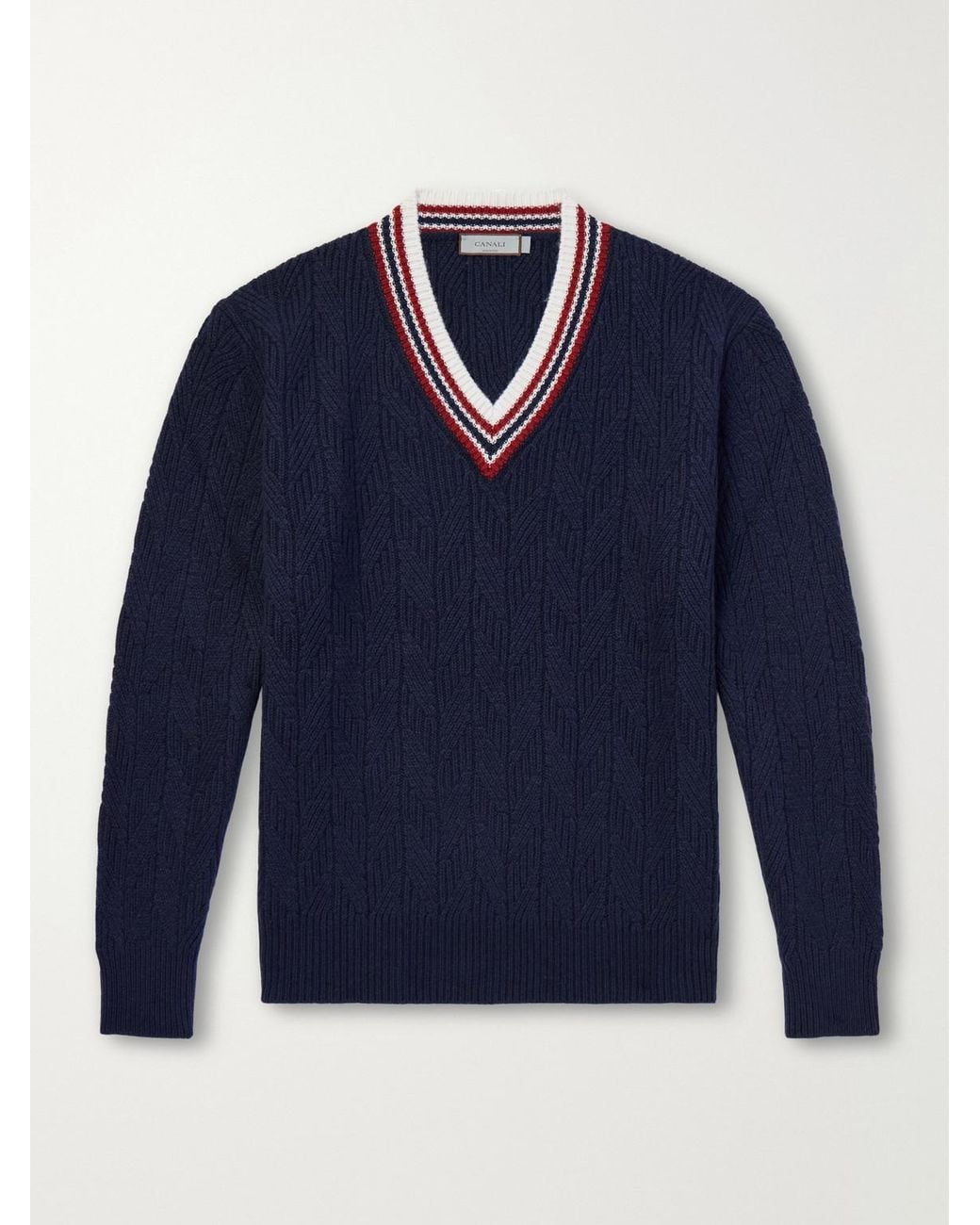 Canali Blue Herringbone Wool And Cashmere-Blend Sweater for men