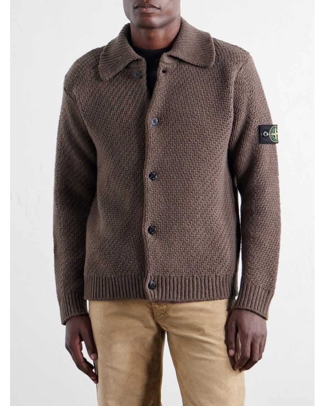 Stone Island Brown Basket-Stitch Wool-Blend Cardigan for men