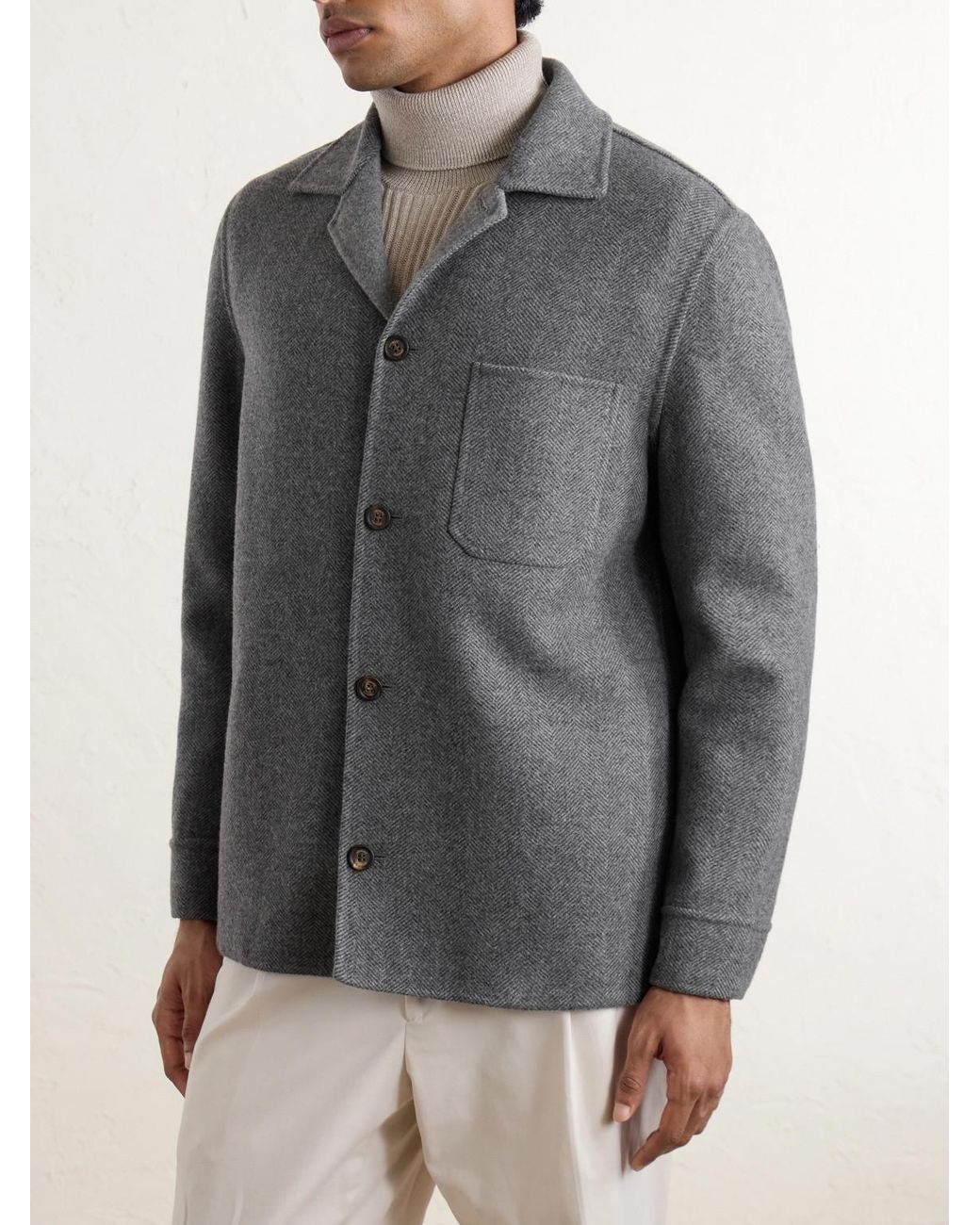 Eleventy Gray Reversible Herringbone Wool And Cashmere-Blend Overshirt for men