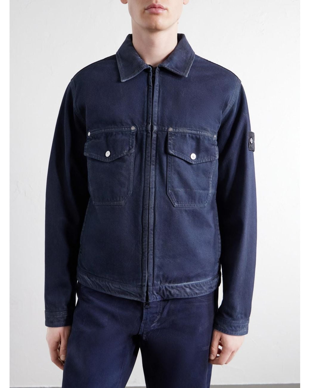 Stone Island Blue Denim Research Collection Garment-Dyed Reflective Padded Denim Jacket for men