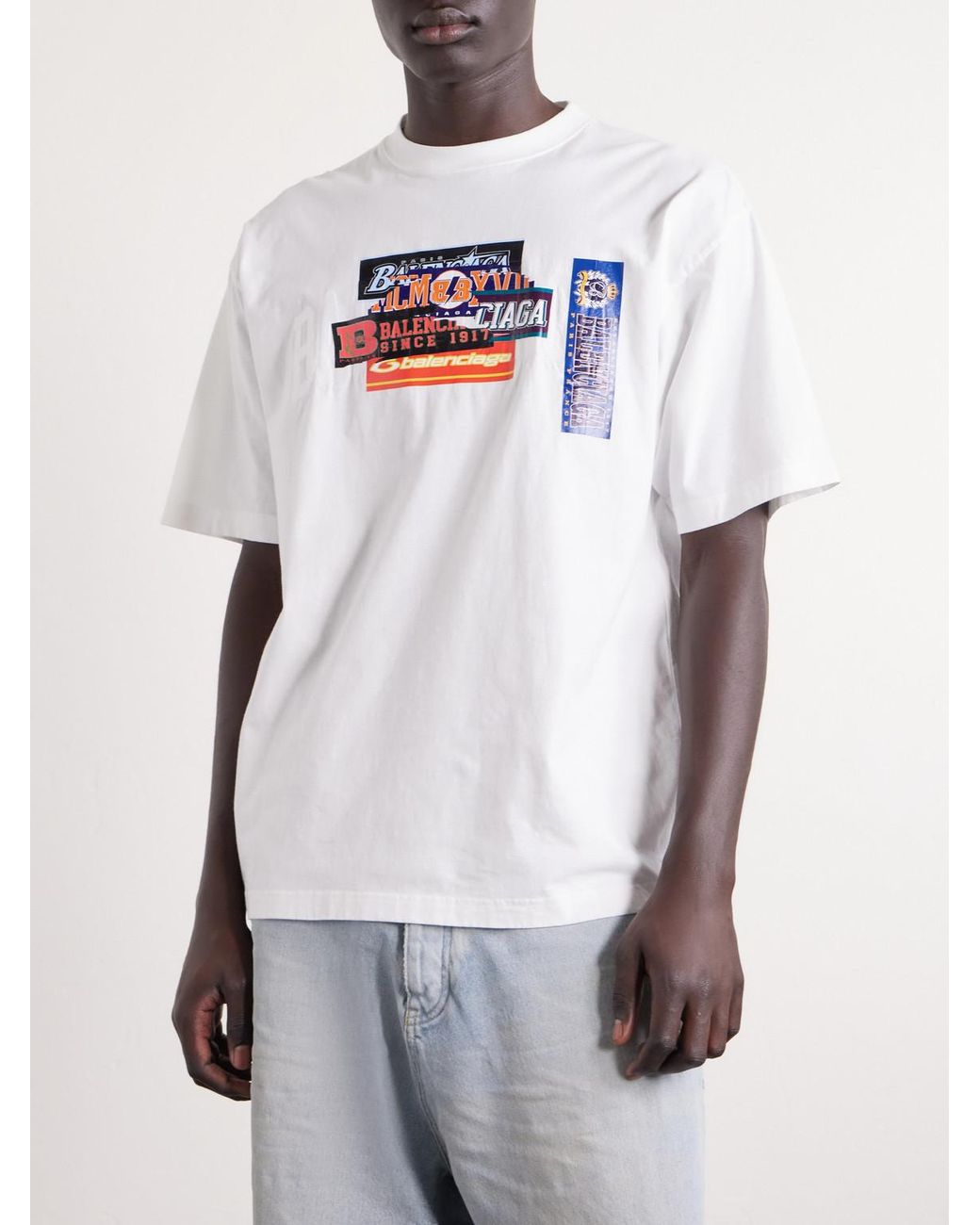 Balenciaga White Printed Cotton-Jersey T-Shirt for men