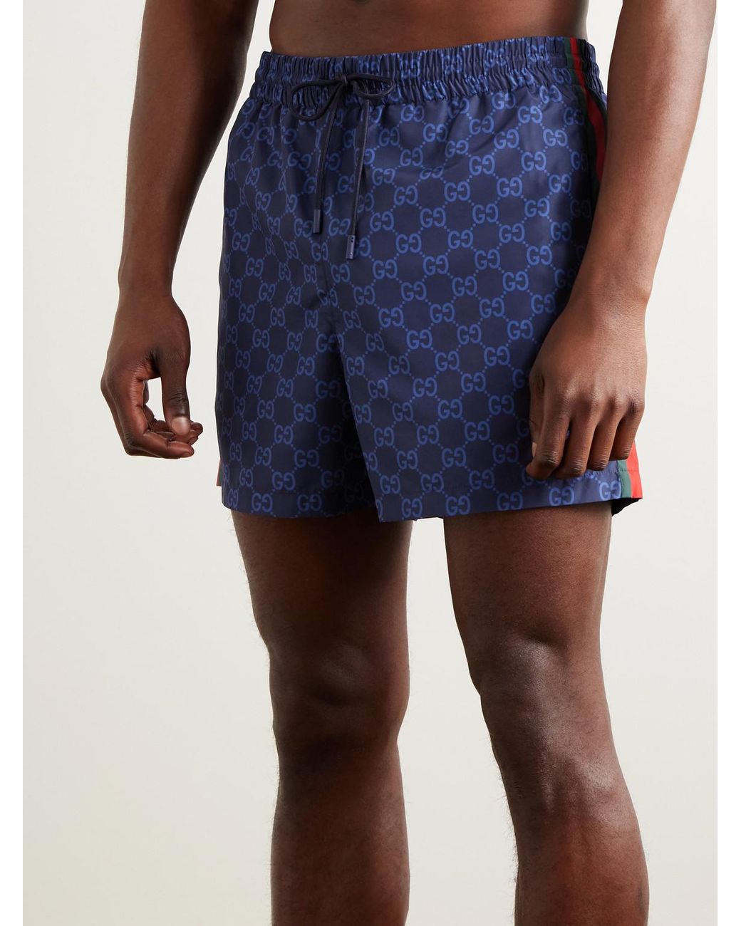 Gucci Blue Slim-Fit Mid-Length Logo-Print Striped Swim Shorts for men