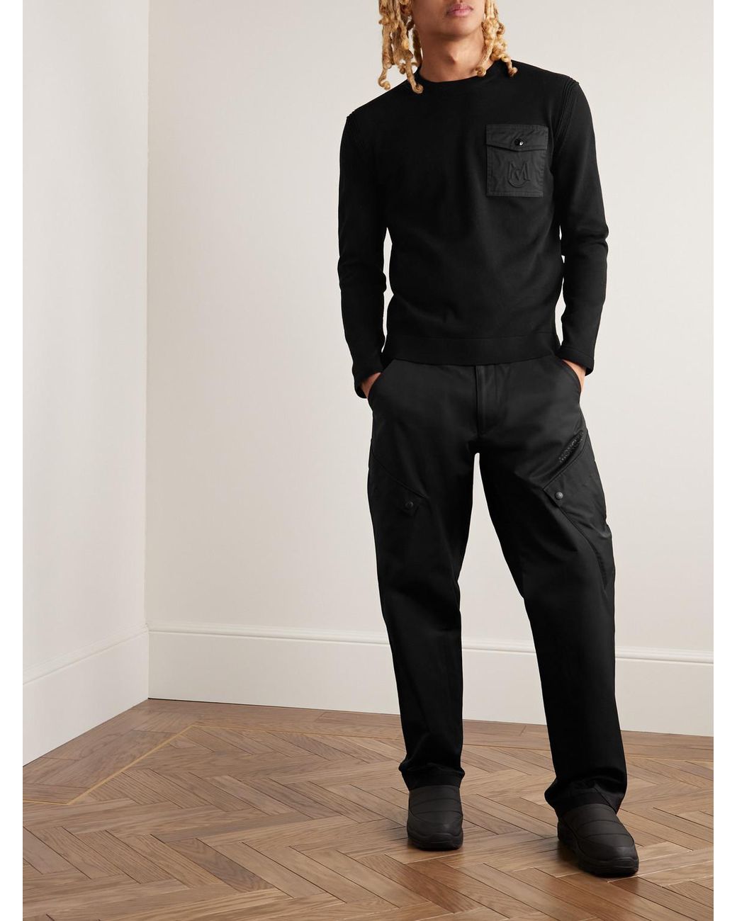 Moncler Black Logo-Appliquéd Twill-Trimmed Cotton Sweater for men