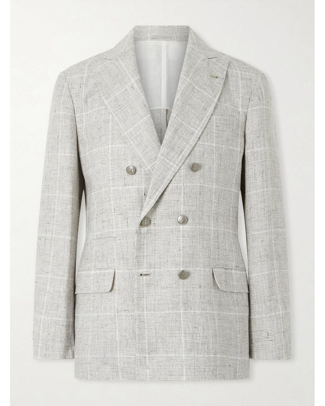 Brunello Cucinelli Gray Double-Breasted Checked Linen-Blend Suit Jacket for men