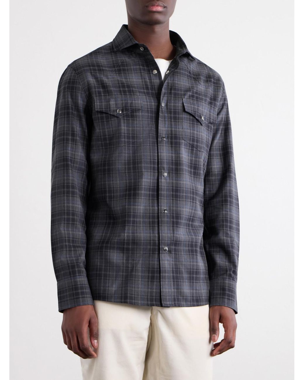 Brunello Cucinelli Blue Checked Cotton-Flannel Shirt for men