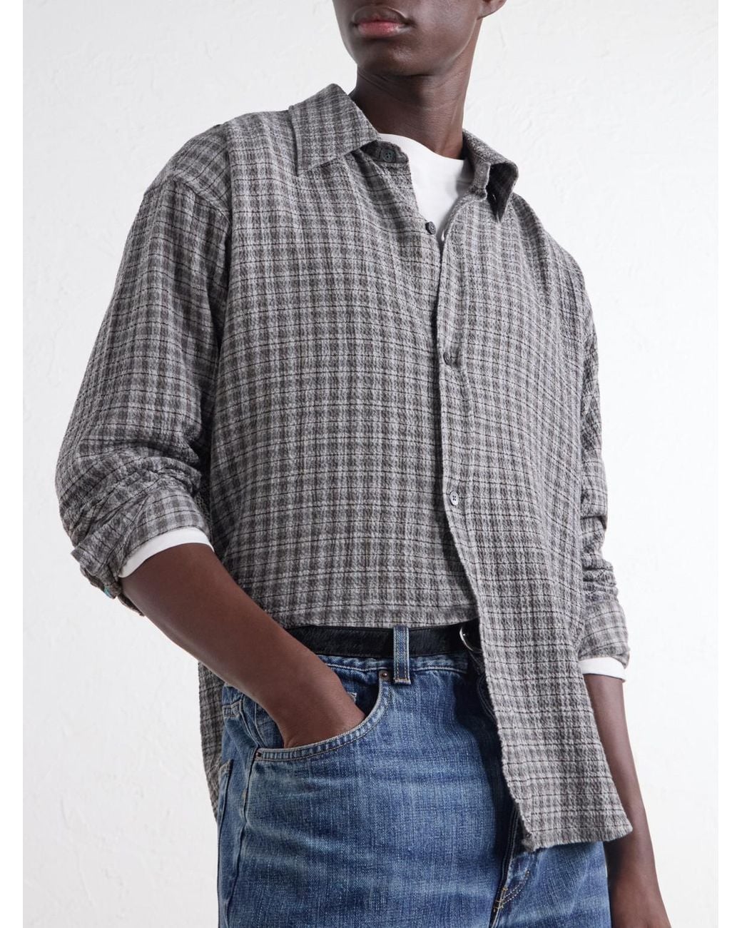 mfpen Gray Vacation Checked Cotton And Wool-Blend Seersucker Shirt for men