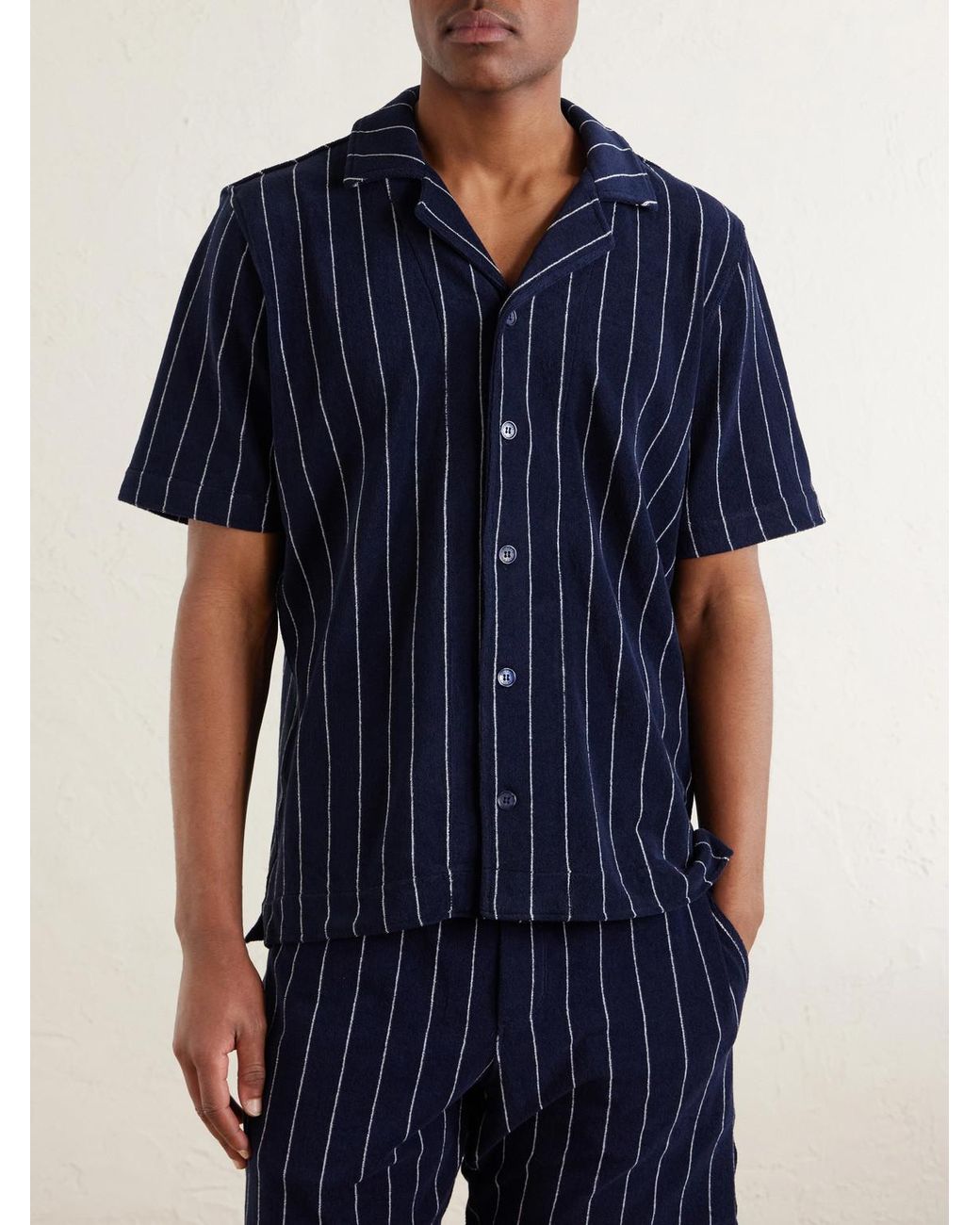 Orlebar Brown Blue Hawkin Stripe Towelling Cotton Shirt for men