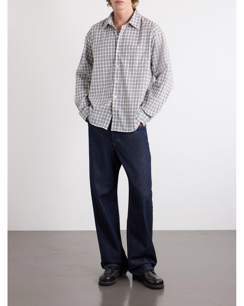 mfpen Gray Executive Checked Cotton-Blend Poplin Shirt for men