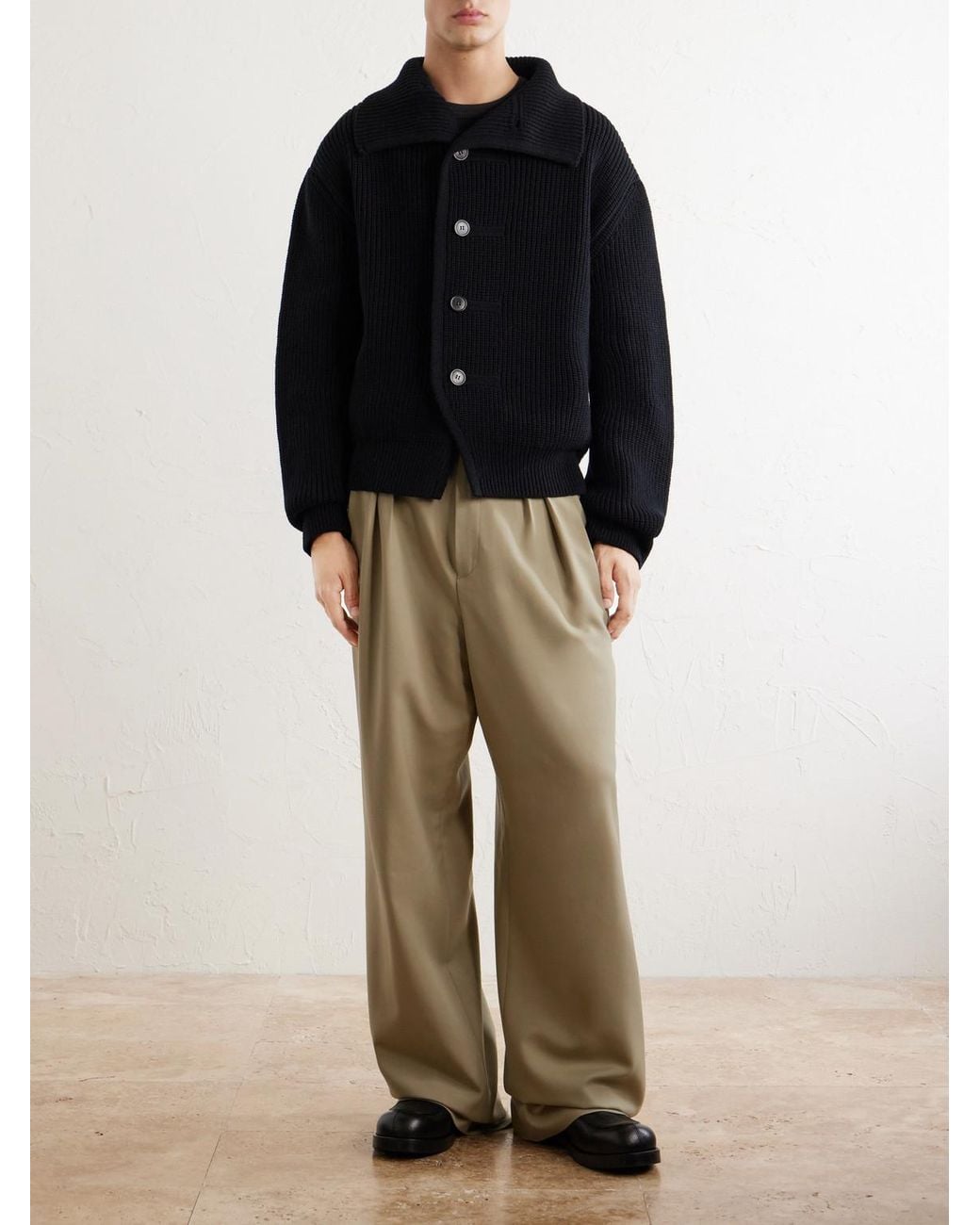 Dries Van Noten Blue Shawl-Collar Ribbed Wool Cardigan for men