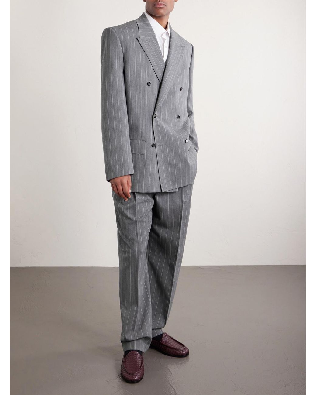 Bottega Veneta Gray Tapered-leg Pinstriped Wool Trousers for men