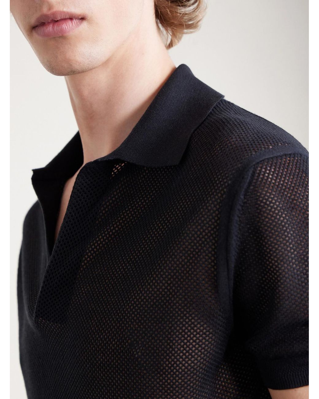 Tom Ford Black Open-knit Sea Island Cotton And Silk-blend Polo Shirt for men