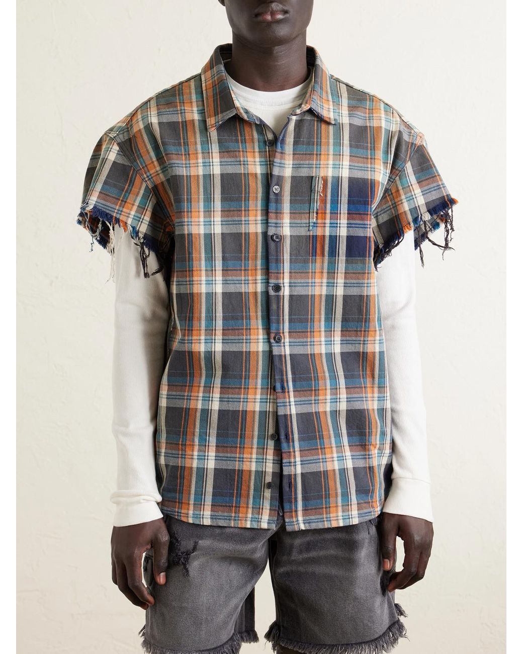 Satoshi Nakamoto Orange Layered Frayed Checked Cotton-flannel And Waffle-knit Shirt for men