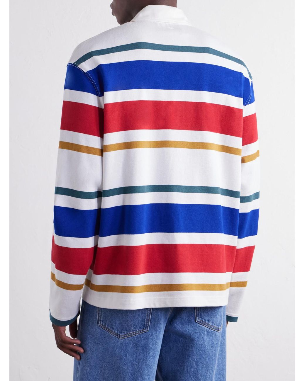 AMI Blue Logo-Appliqué Striped Cotton-Jersey Polo Shirt for men
