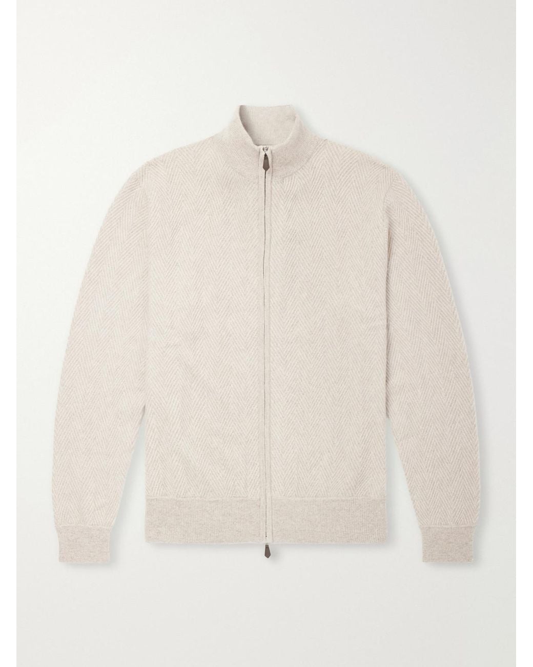N.Peal Cashmere Natural Knightsbridge Herringbone Cashmere Zip-Up Cardigan for men