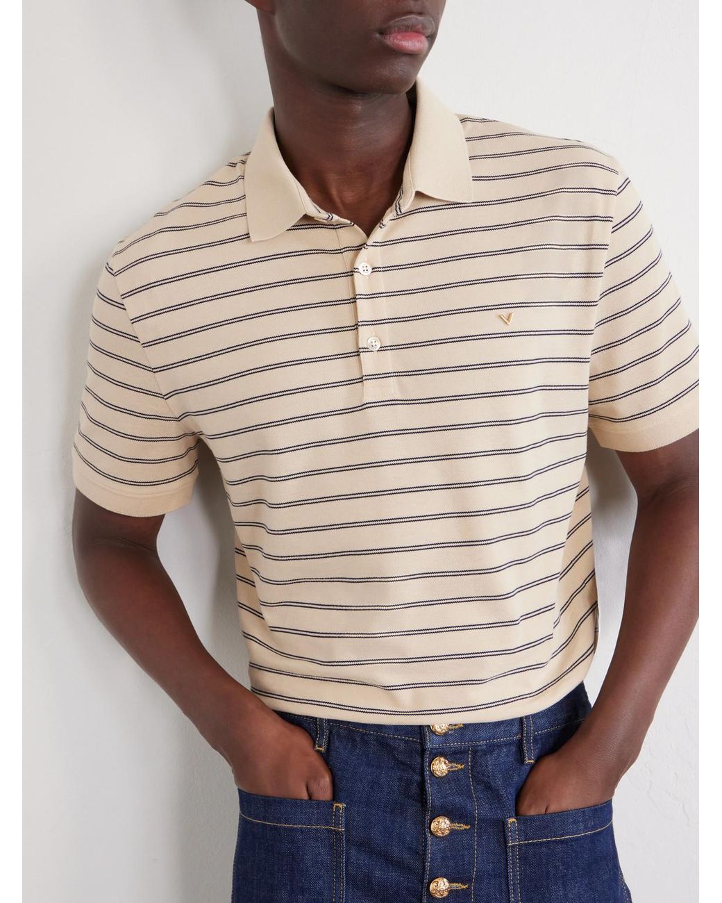 Valentino Garavani Natural Vlogo Striped Cotton-Piqué Polo Shirt for men