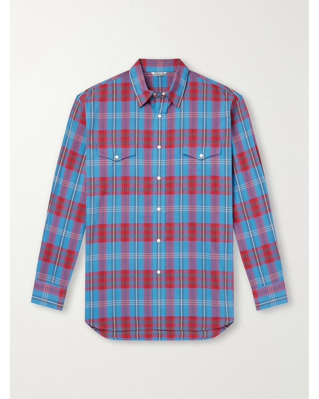 Auralee Blue Checked Cotton And Silk-Blend Shirt for men