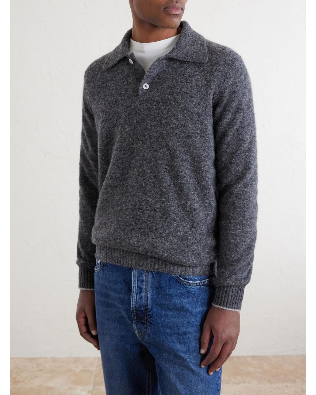 Brunello Cucinelli Gray Alpaca-Blend Polo Sweater for men
