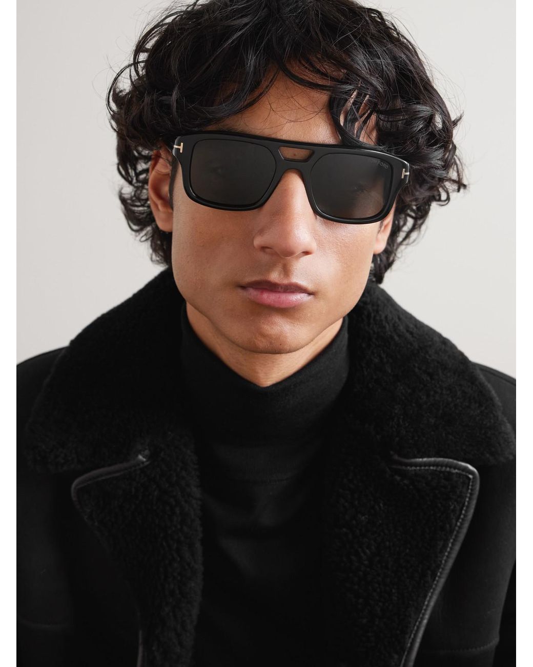Tom Ford Black Double-Bridge Aviator-Style Acetate Sunglasses for men