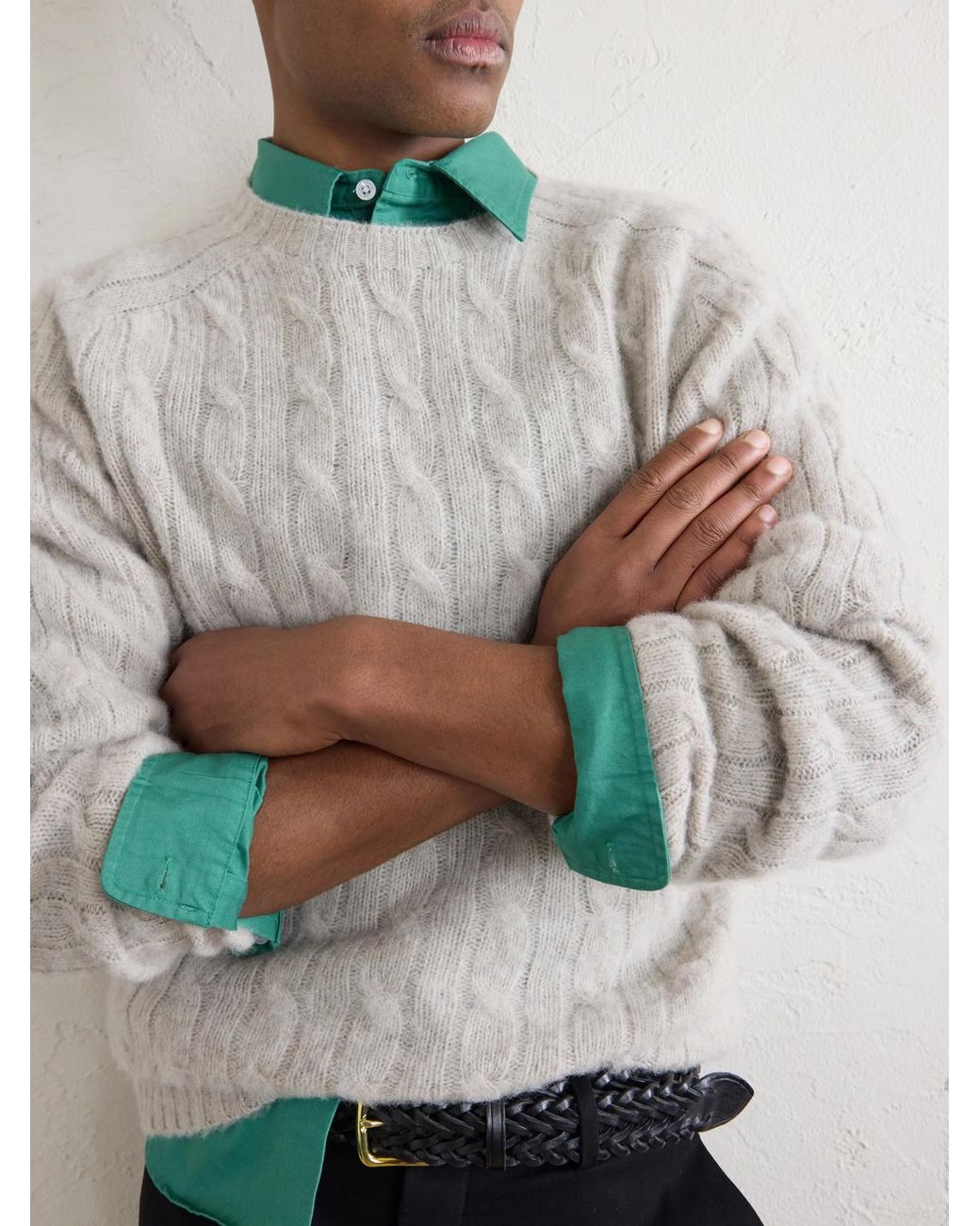 Drake's White Cable-Knit Virgin Wool Sweater for men