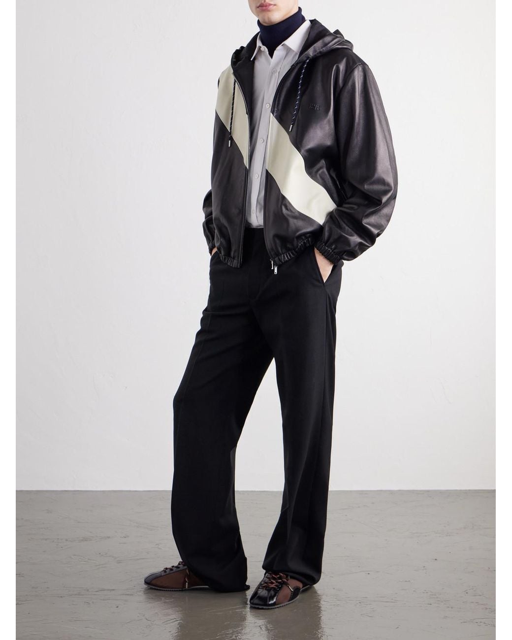 Wales Bonner Black Vista Striped Leather Hooded Jacket for men