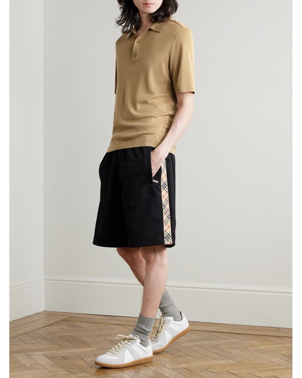 Burberry Black Straight-Leg Checked Jacquard-Knit Trimmed Tech-Jersey Shorts for men