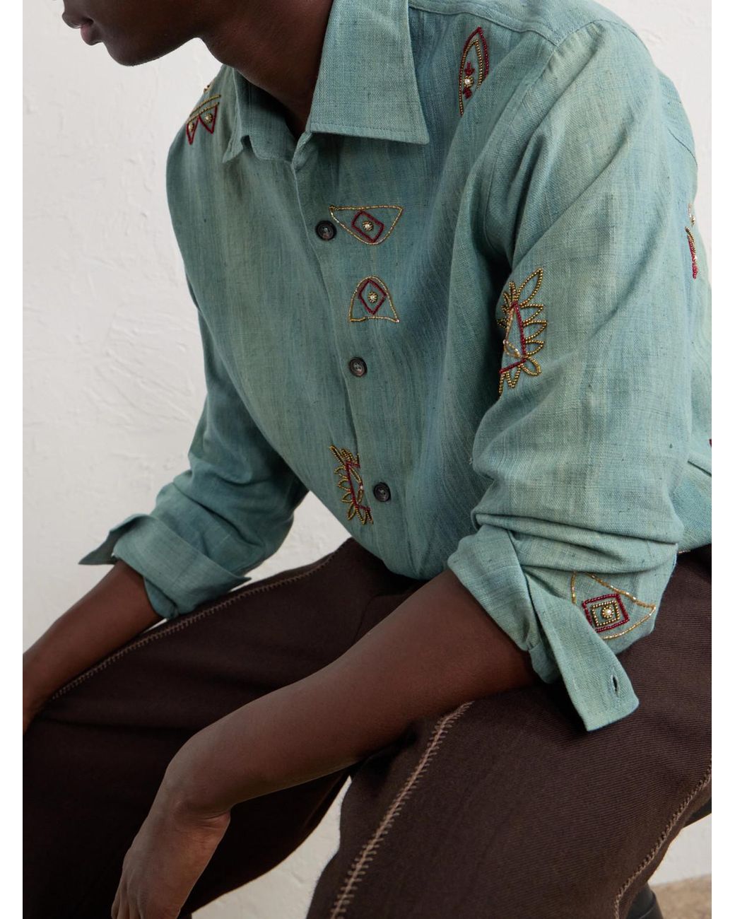 Kartik Research Blue Box Bead-Embellished Handwoven Cotton Shirt for men