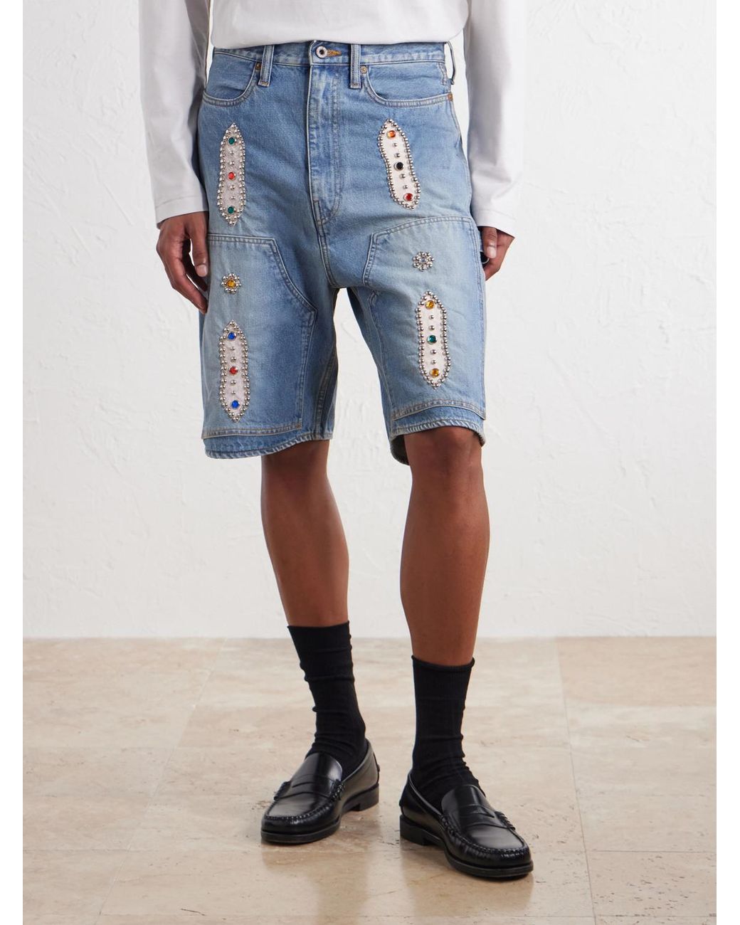 Kapital Blue Straight-Leg Leather-Trimmed Embellished Denim Shorts for men