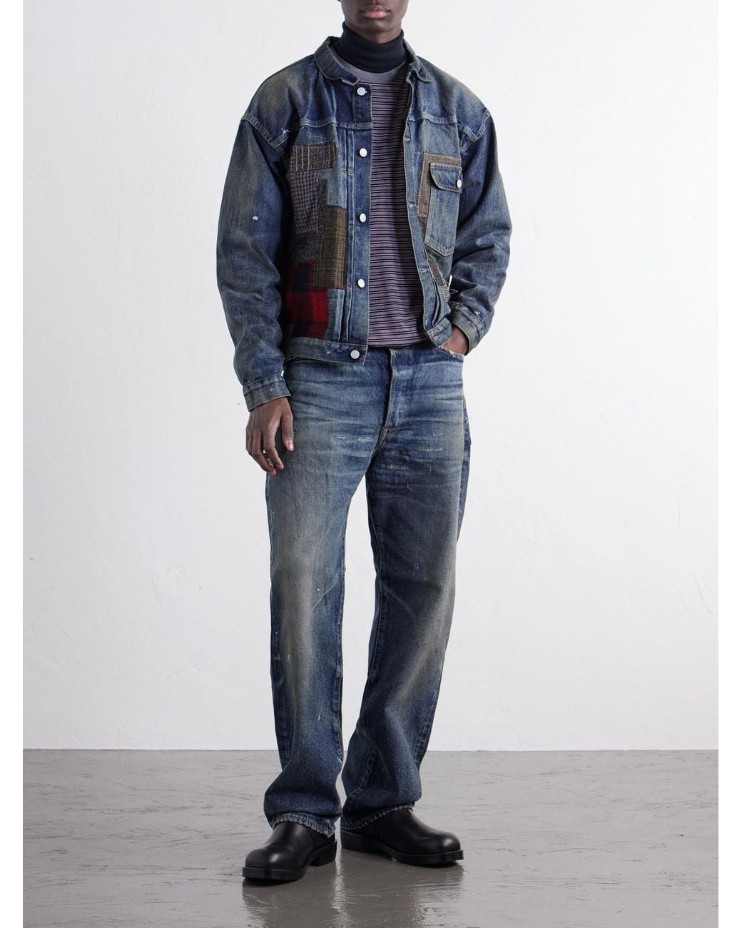 Junya Watanabe Blue Patchwork Distressed Paint-Splattered Denim Jacket for men