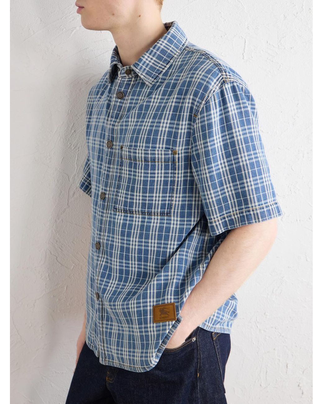 Burberry Blue Logo-Appliquéd Checked Denim Shirt for men