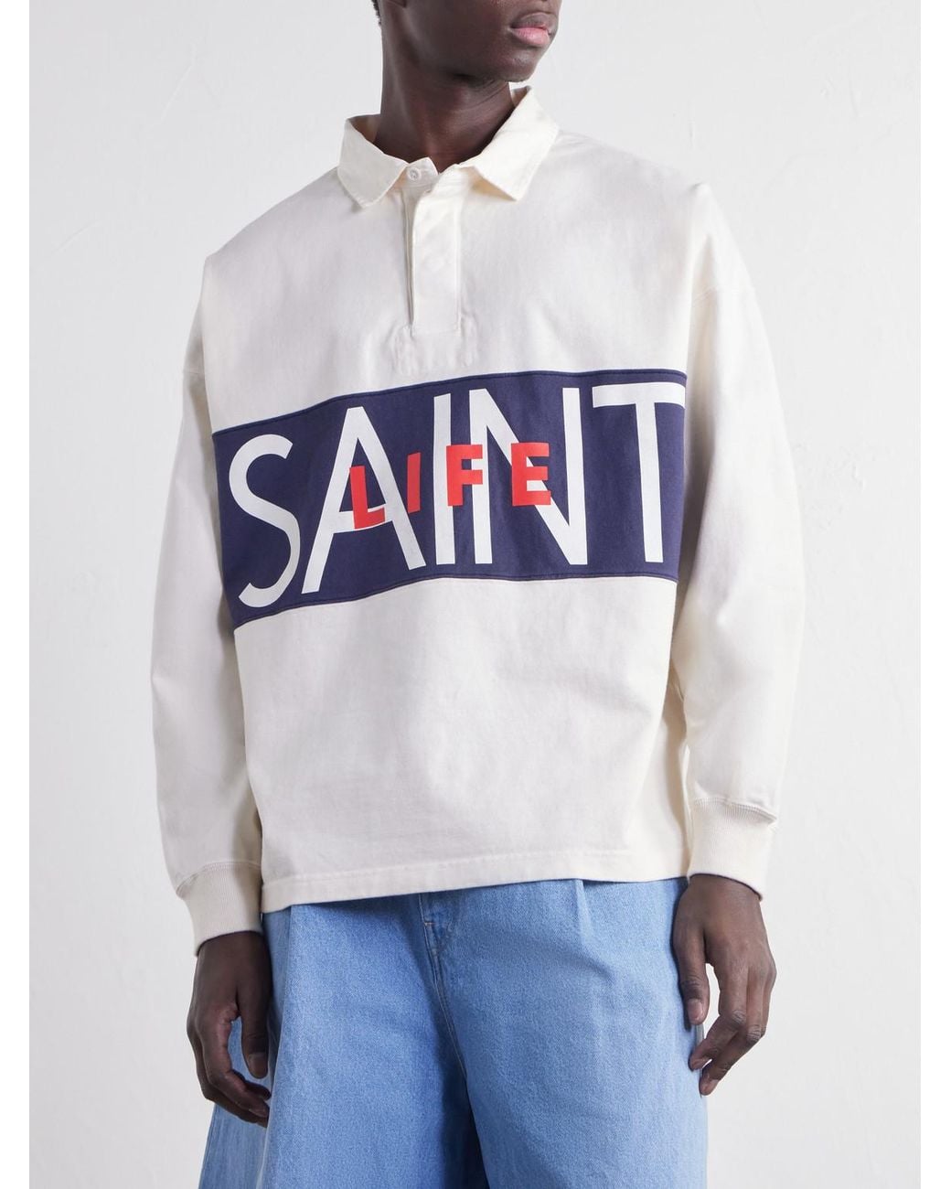 SAINT Mxxxxxx Blue Saint Life Printed Cotton-Jersey Polo Shirt for men