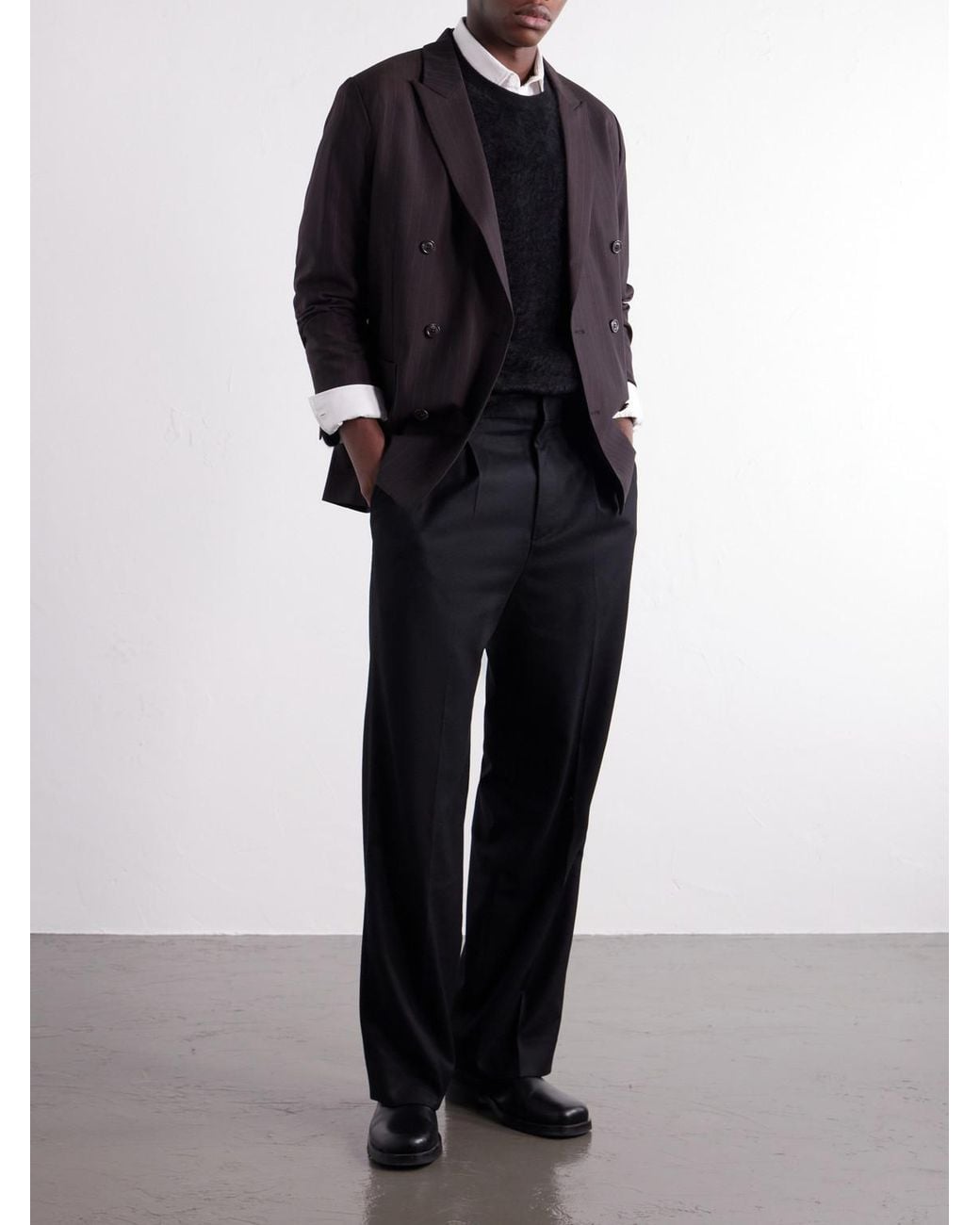 Ssstein Blue Straight-Leg Pleated Wool-Blend Flannel Trousers for men