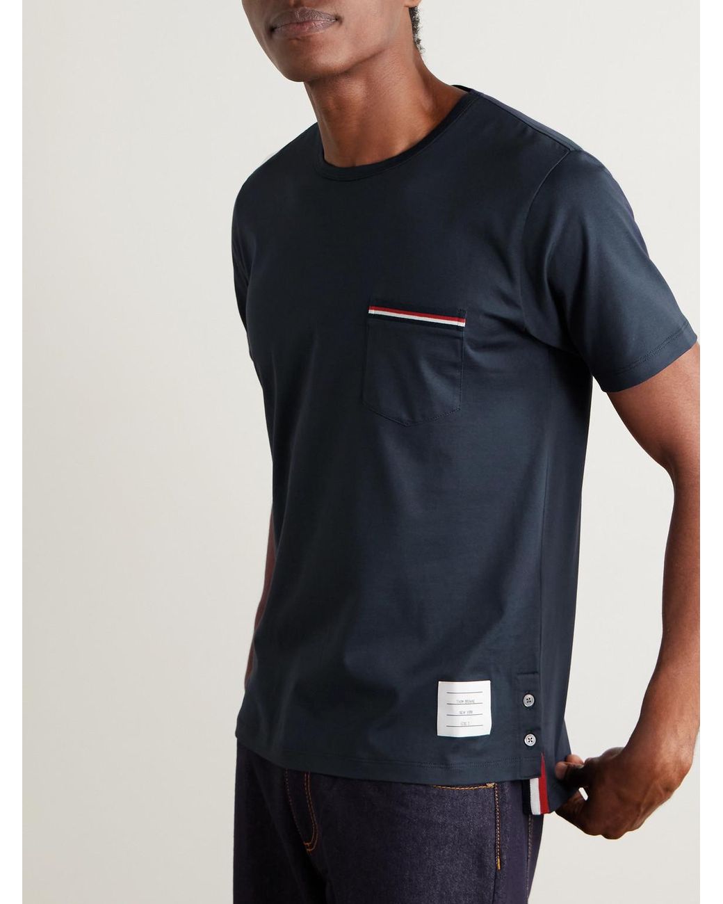 Thom Browne Blue Slim-Fit Grosgrain-Trimmed Cotton-Jersey T-Shirt for men