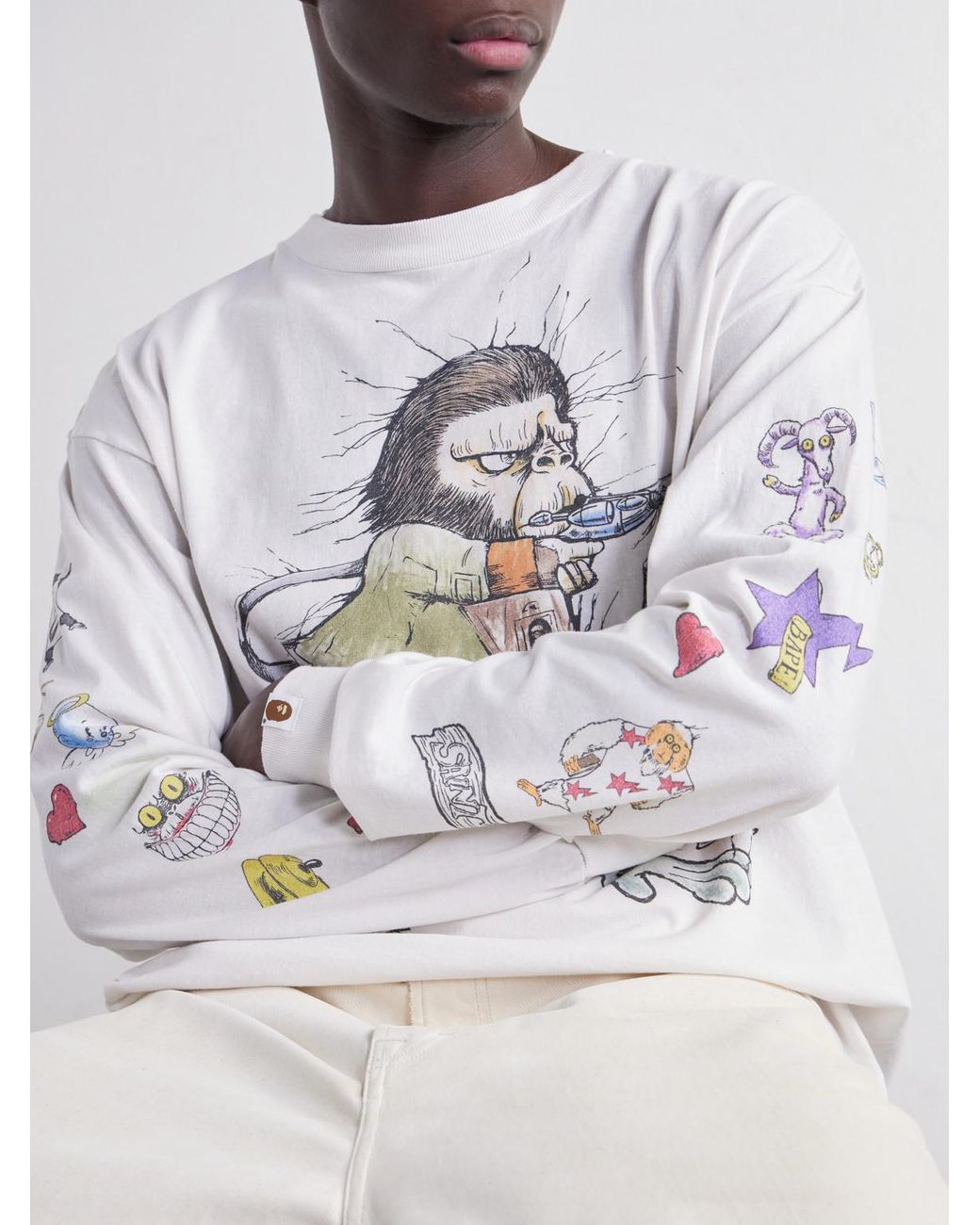 SAINT Mxxxxxx White Bape Running Printed Distressed Cotton-Jersey T-Shirt for men
