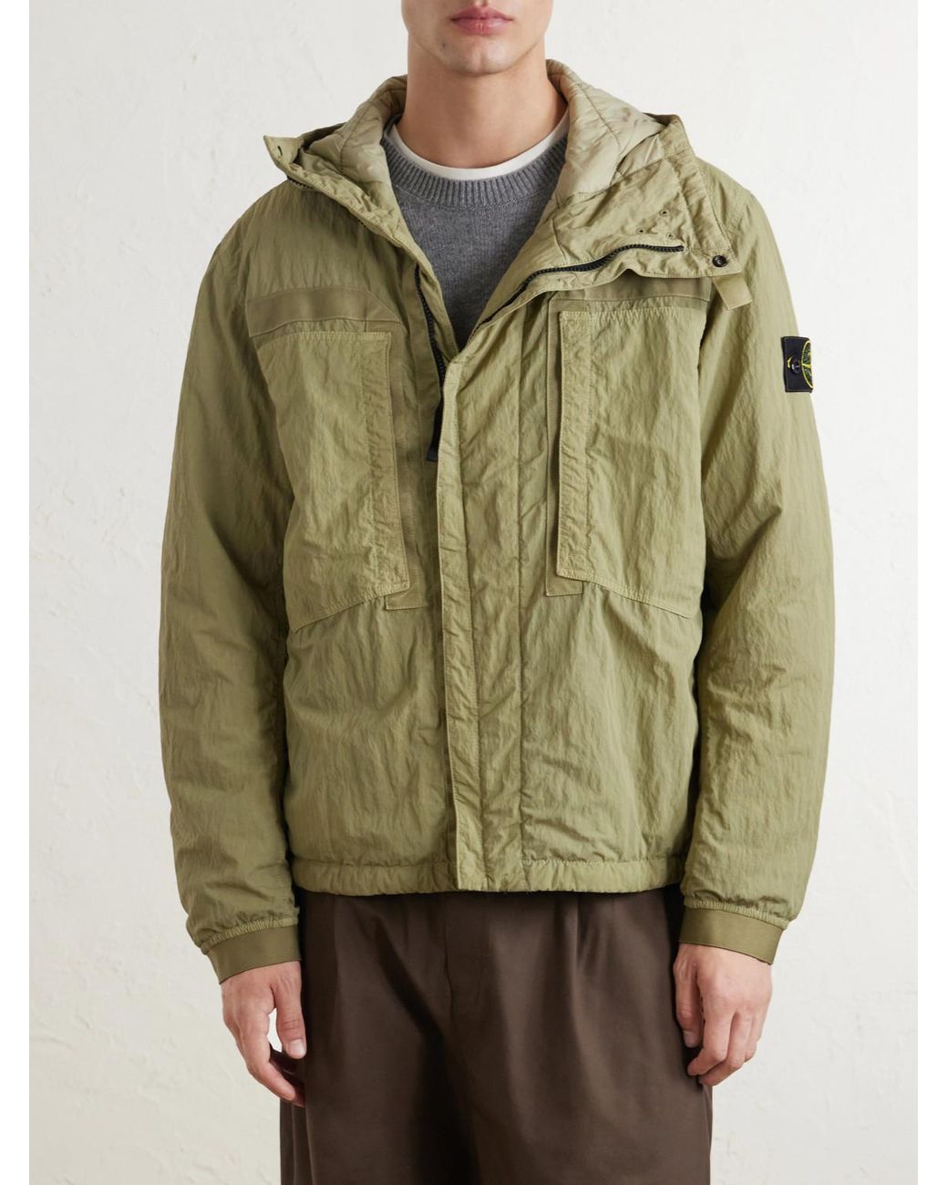 Stone Island Green Garment-Dyed Padded Crinkled Warp Rib Nylon-Tc Hooded Jacket for men