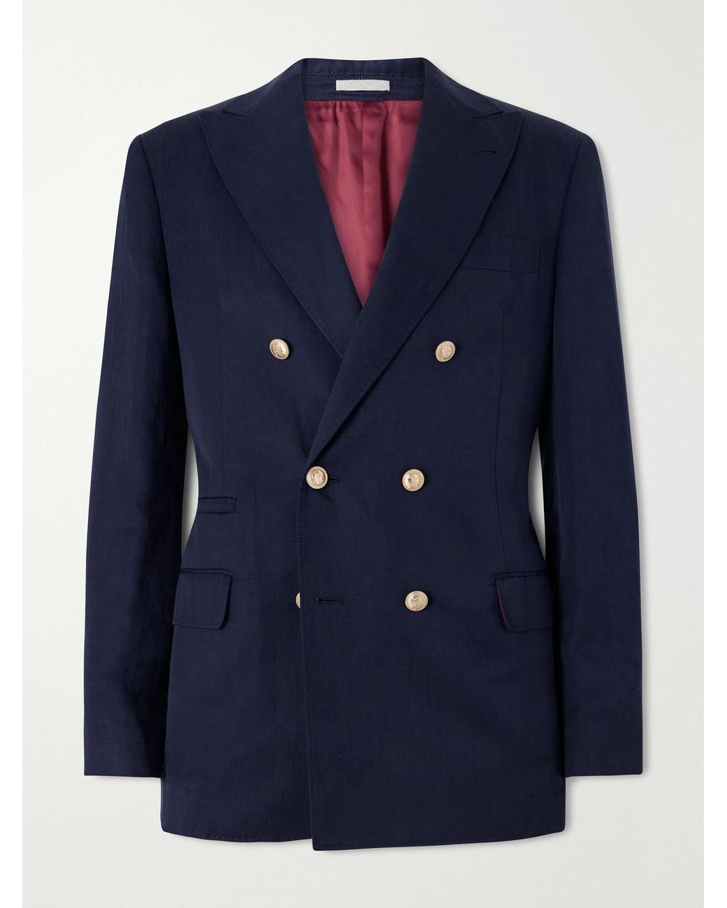 Brunello Cucinelli Blue Double-breasted Silk And Linen-blend Blazer for men