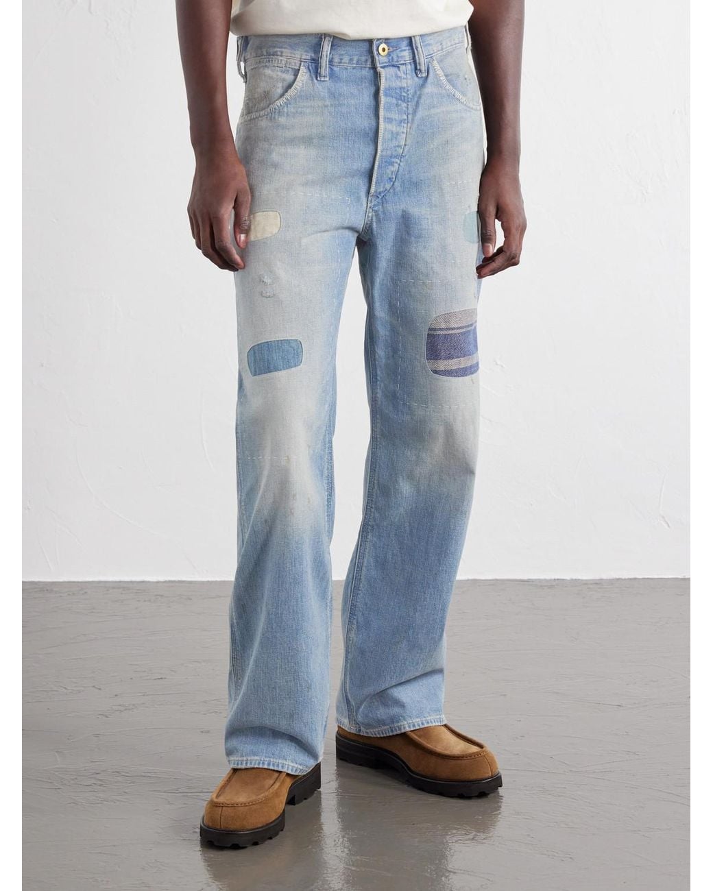 RRL Blue Straight-Leg Distressed Jeans for men