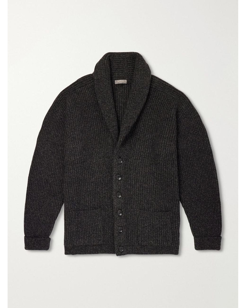 N.Peal Cashmere Black Kensington Shawl-Collar Ribbed Cashmere Cardigan for men