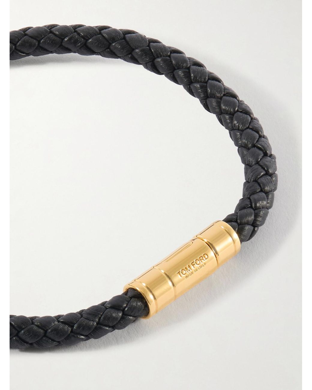 Tom Ford Black Gold-tone And Woven Leather Bracelet for men