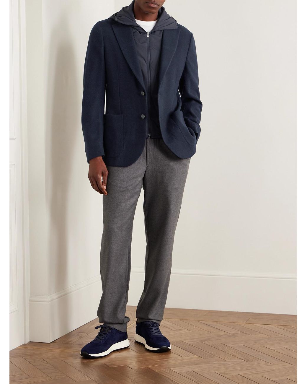 Sease Blue Panelled Virgin Wool-Blend And Nylon-Blend Hooded Blazer for men