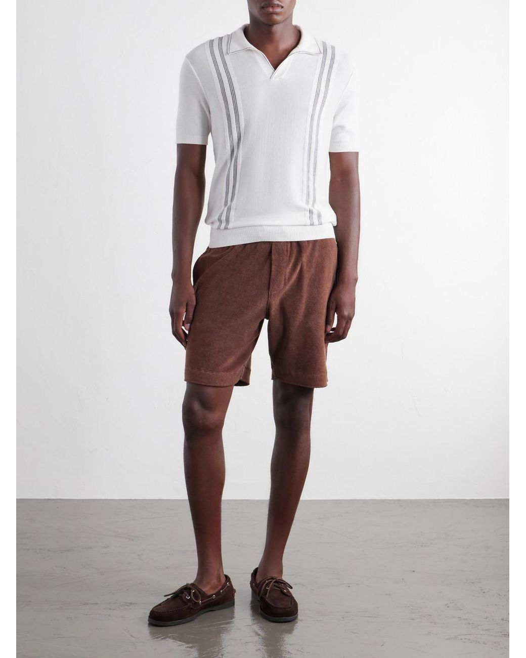 Orlebar Brown White Horton Striped Silk And Cotton-Blend Polo Shirt for men