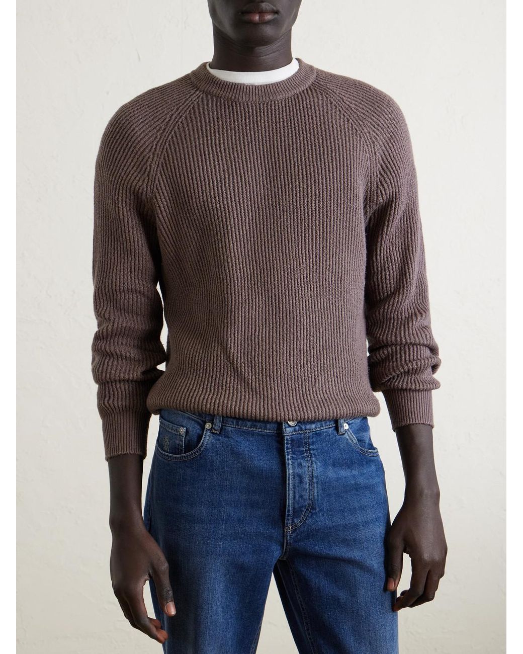 Brunello Cucinelli Brown Ribbed Cotton Sweater for men