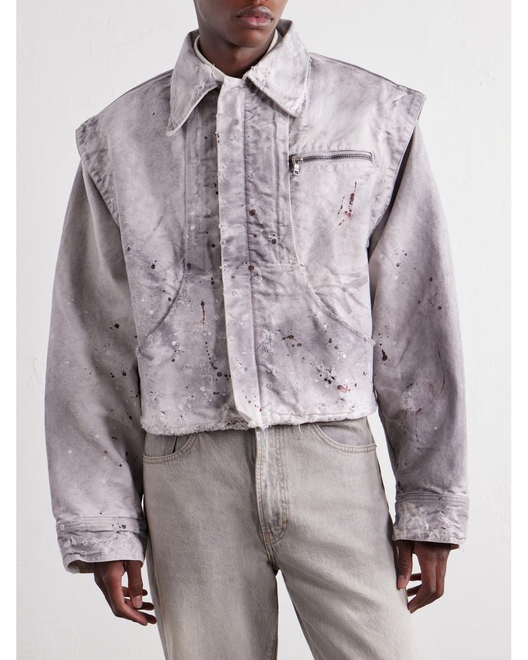 SEKRIT White Chopper Cropped Distressed Cotton-Canvas Bomber Jacket for men