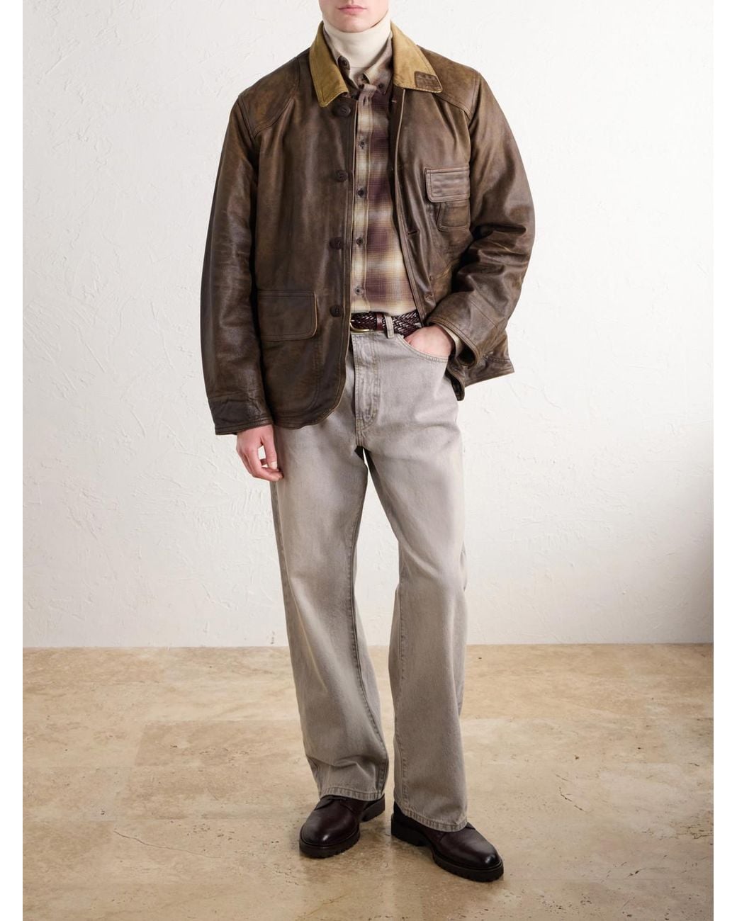 RRL Brown Corduroy-Trimmed Leather Jacket for men