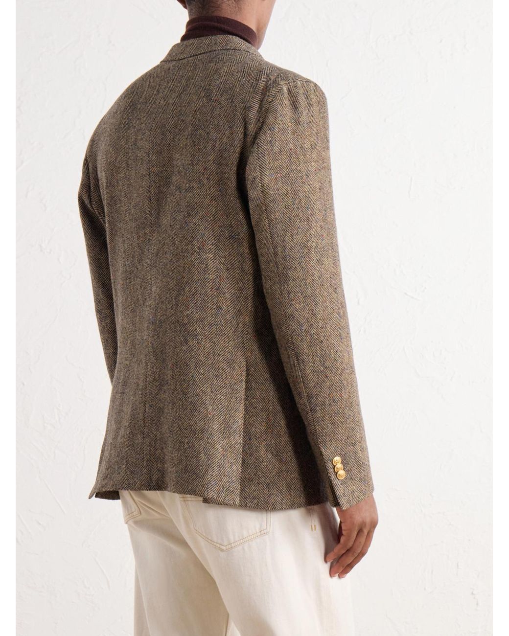 Slowear Brown Incotex Double-Breasted Herringbone Shetland Wool-Twill Blazer for men